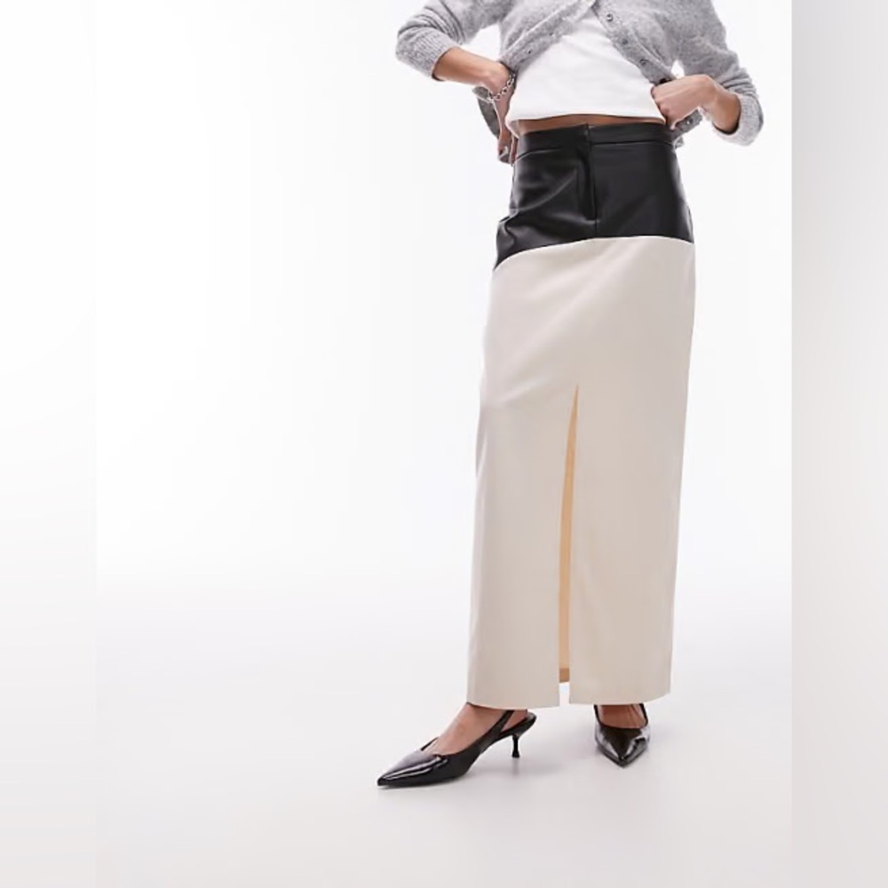 Topshop Two-Tone Contrast PU Trim Maxi Skirt | Cream/Black Colorblock | NWT US 4